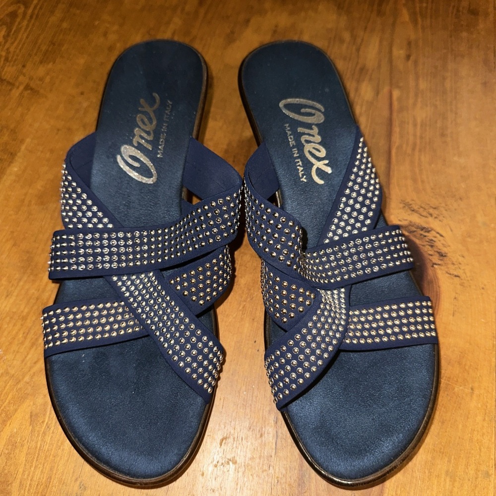 Onex Made in Italy Prelude Women's Wedge Sandal Shoes Navy With Rhinestones 8.5